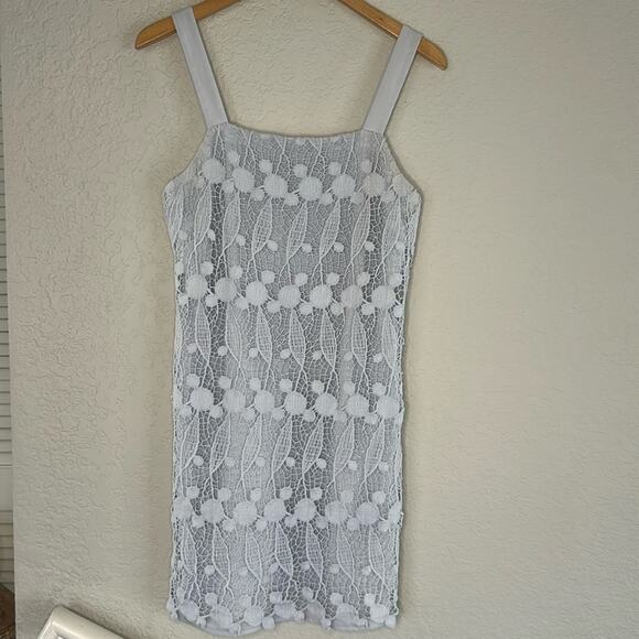 Club Monaco Baby Blue Crochet Lace Mini Dress Resortwear Vacation Boho Coquette - Picture 1 of 7